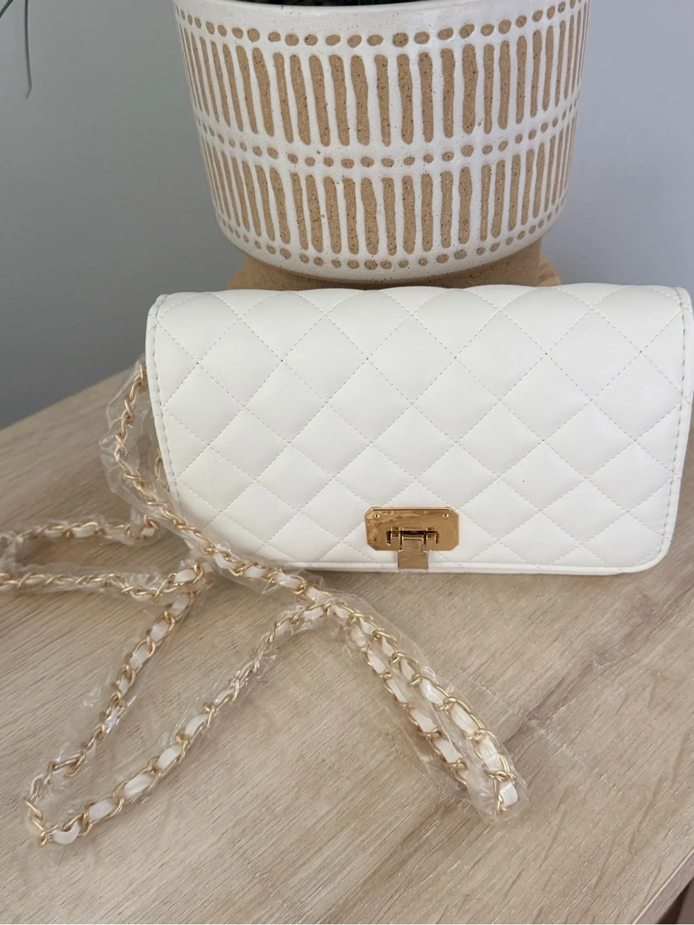 White Quilted Women's Crossbody Bag with Gold Hardware